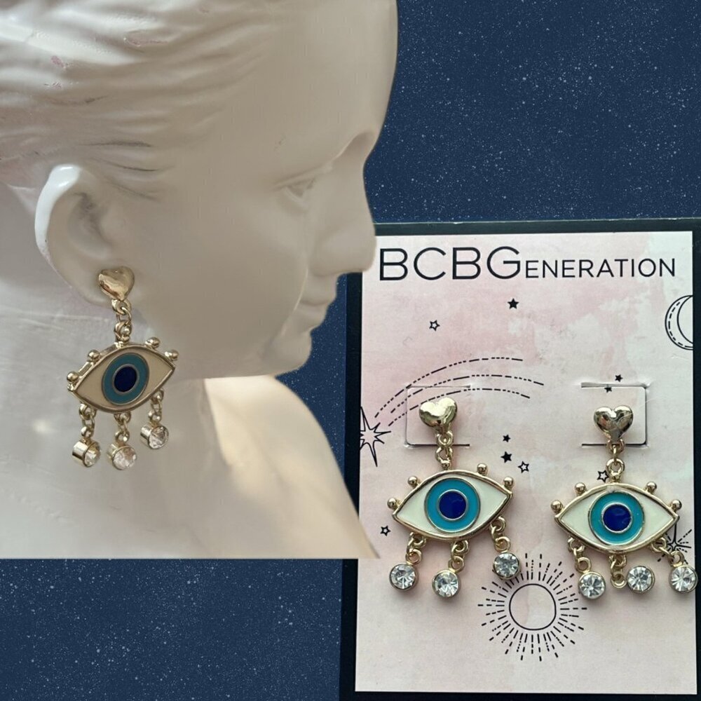 BCBGeneration Blue Evil Eye Crystal Accent Drop Gold-Tone Stud Earrings